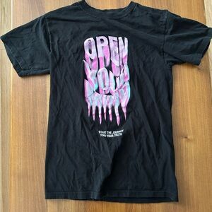 Rue21 Black Tee with Pink and Blue Graphic
